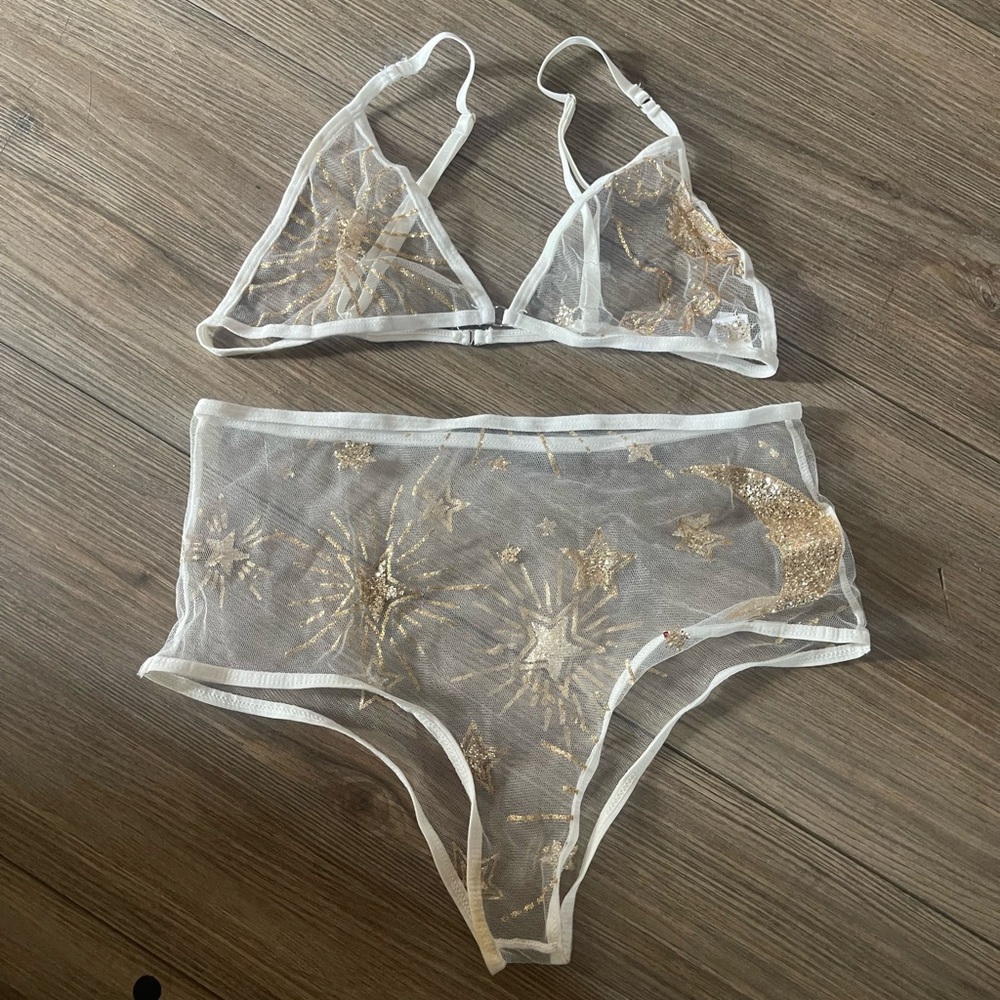 Sheer Gold and White Starry Lingerie Set!
